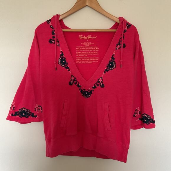 Lucky Brand Embroidered Boho Deep V-Neck Hoodie Sweatshirt L Pink Fairy Grunge - Picture 1 of 6
